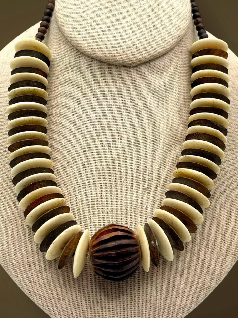 Vintage Tribal Beaded Statement Necklace Graduated Bone & Wood Disk Choker Boho